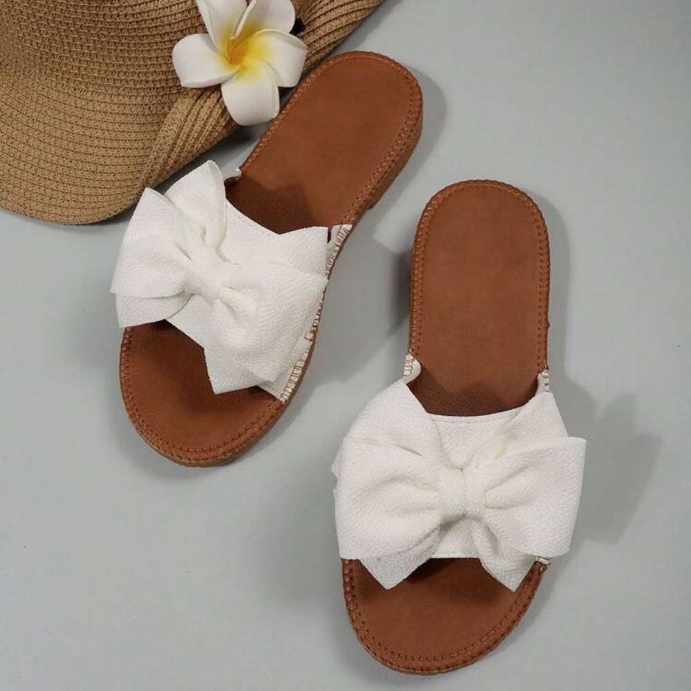 Preppy Slide Sandals For Women, Bow Decor Single Band Flat Sandals - Picture 3 of 6